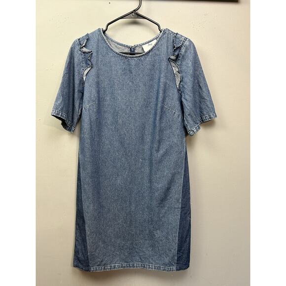 LOUP Alicia Denim Chambray Shift Dress‎ Womens XS Short Sleeve Ruffle Two Tone - Picture 1 of 7
